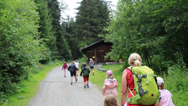 Kinder mit einer Erzieherin beim Waldspaziergang