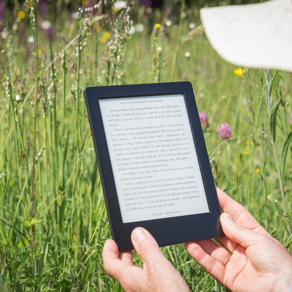 Person liest in einem Kindle auf einer grünen Wiese